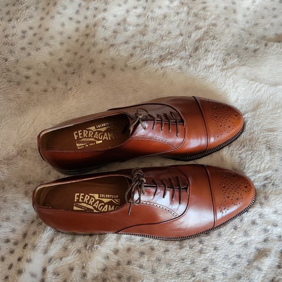 SALVATORE FERRAGAMO DRESS BROGUE COGNAC OXFORD - Picture 12 of 12